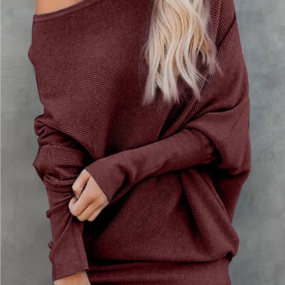 Burgundy Off-Shoulder sweater knit tops - Picture 2 of 5